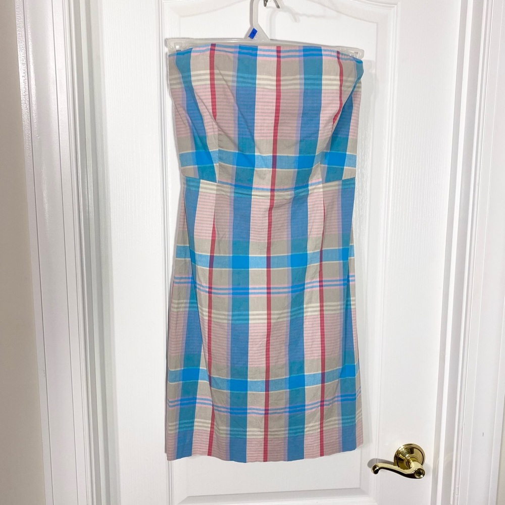 90s Y2K USA MADE Plaid Cotton Strapless Fitted Dress Vintage Blue Pink Gray Sz 8